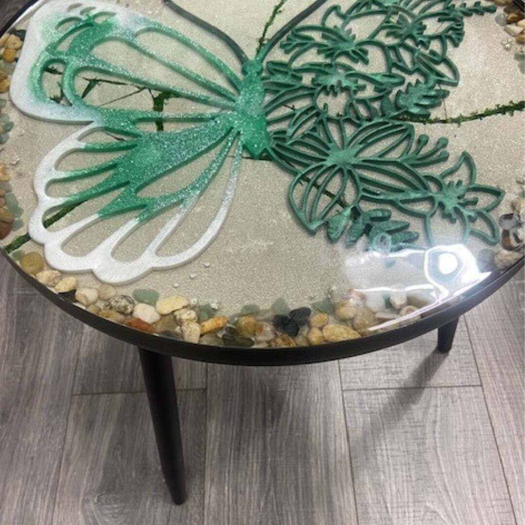 Butterfly Resin Table with Crystals- Round End Table Butterfly Resin Table with Crystals- Round End Table